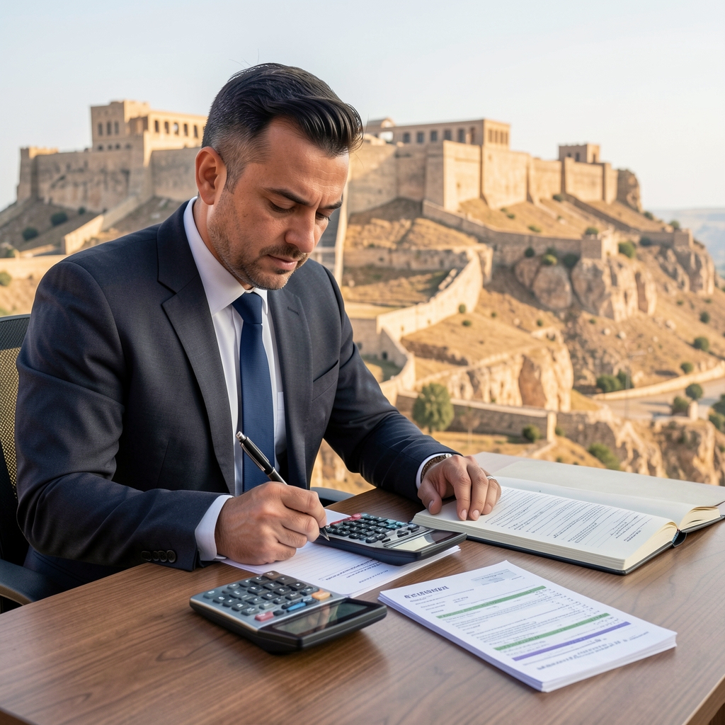Masada bütçe planlaması yapan kişi, hesap makinesi, defter ve finansal belgeler önünde oturuyor, kalemle not alıyor