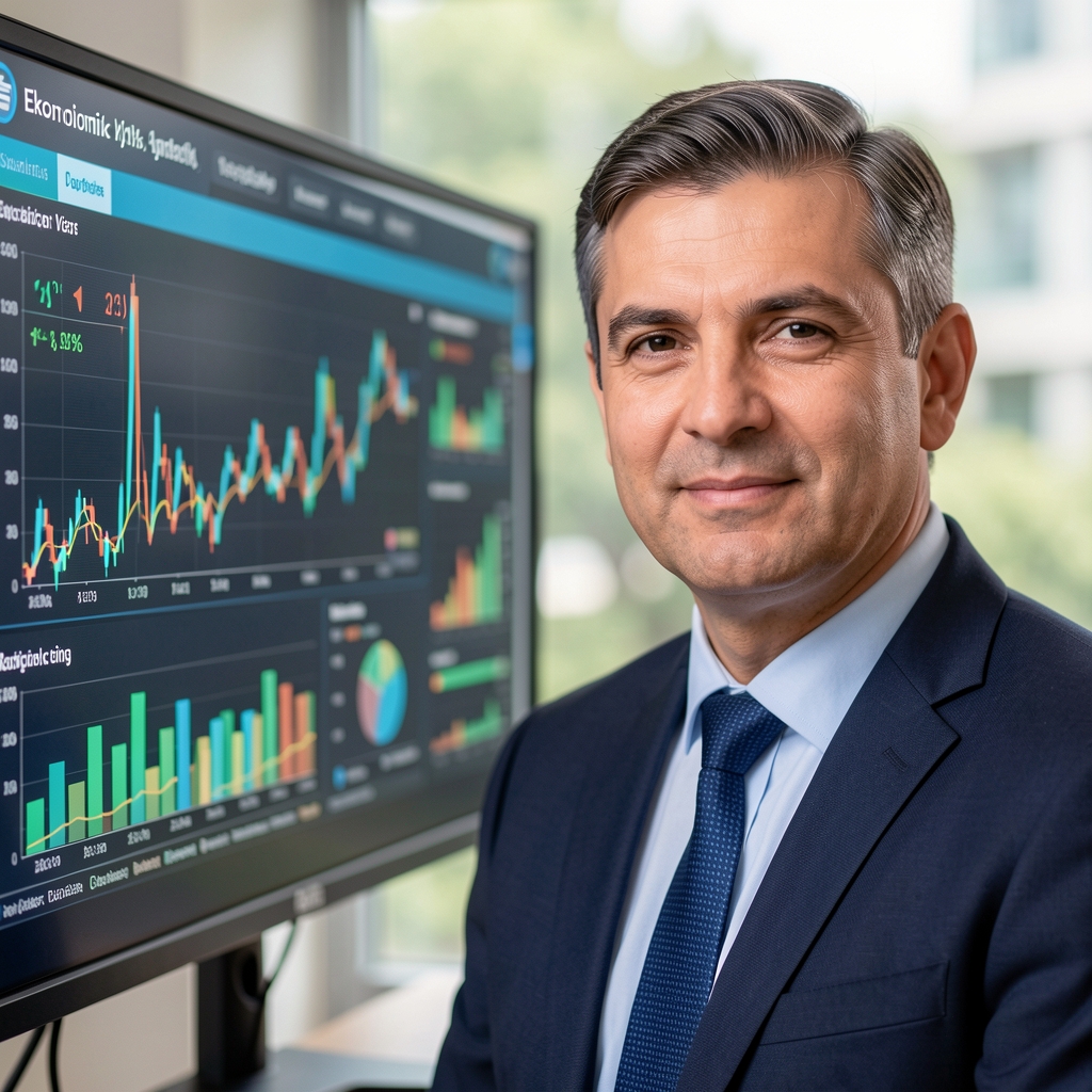 Büyük monitörde ekonomik veri gösterge panelini inceleyen iki analist, grafik ve istatistikler ekranda görünür