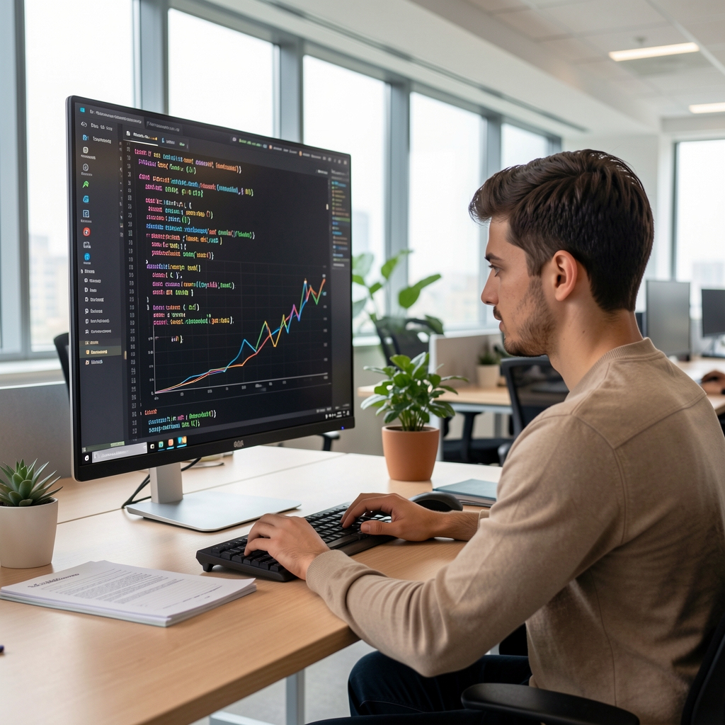 Genç veri analisti, geniş ekranda Python kodu ve istatistik grafikleri çalışıyor, modern ofis ortamı