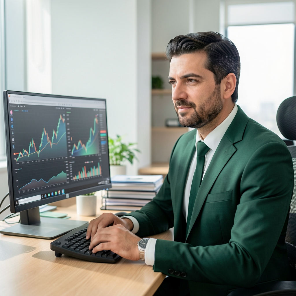 Lacivert takım elbiseli, 35 yaşlarında profesyonel Türk erkek finansal analist, grafik ekranı önünde oturuyor