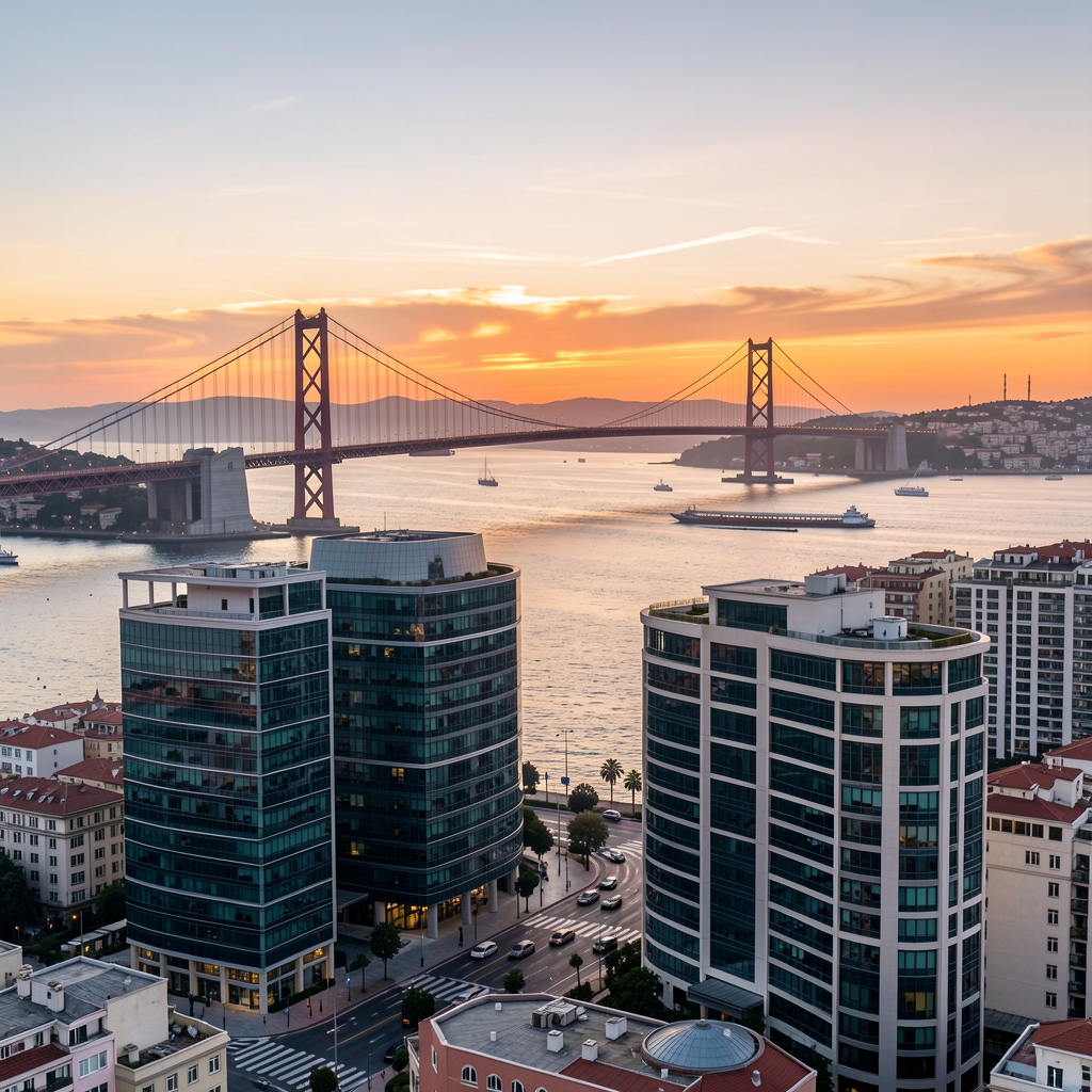İstanbul finansal bölgesi manzarası, modern iş kuleleri ve Boğaz görünümü ile ekonomik büyüme sembolü