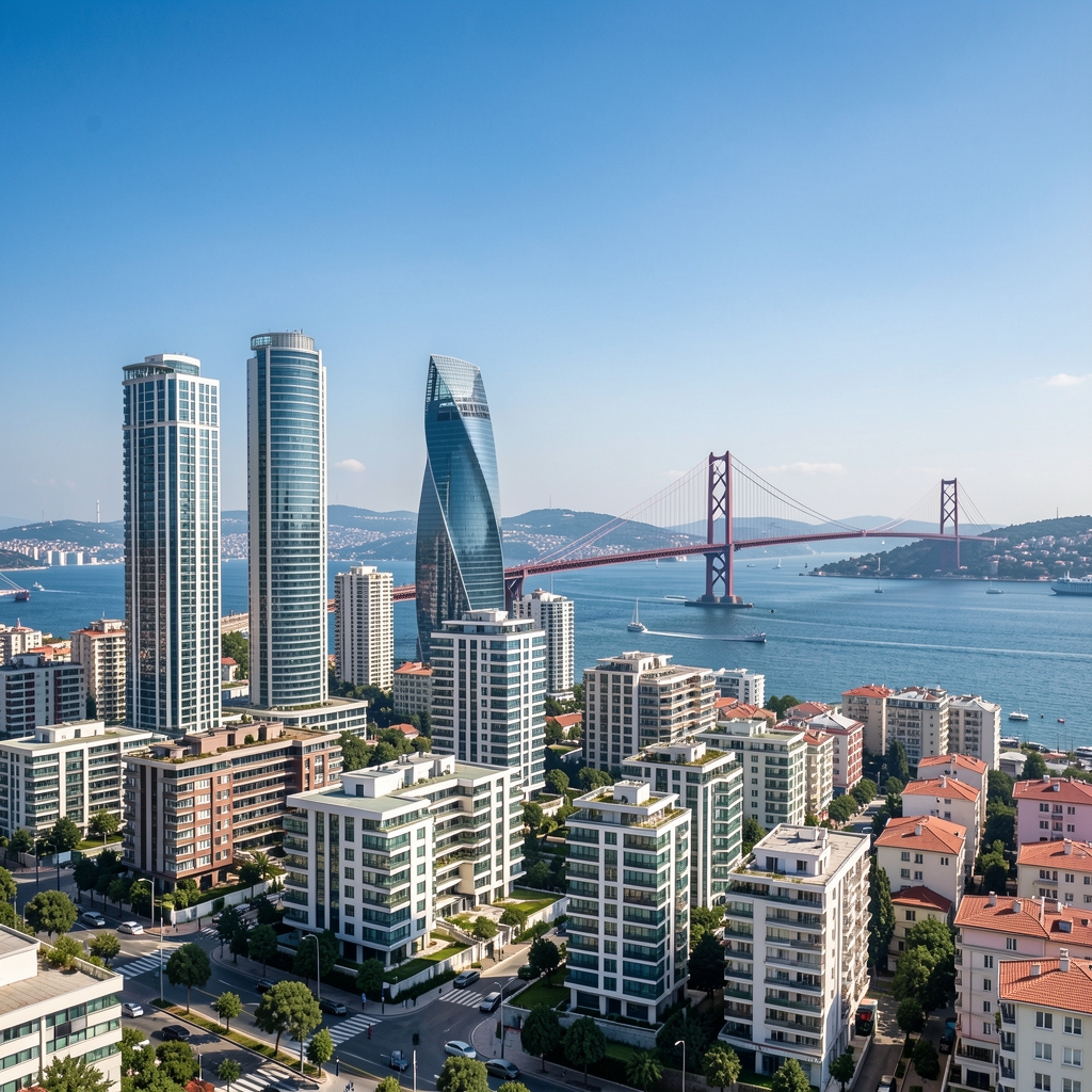 İstanbul Avrupa yakasında modern konut projeleri ve gökdelenler, arka planda Boğaz ve köprü görünümü, mavi gökyüzü